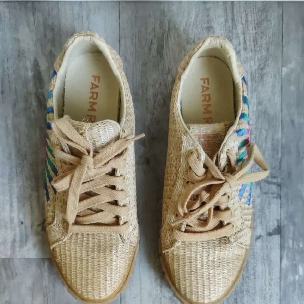 FARM Rio Natural Raffia Sneakers with Multicolor Sunburst Embroidery